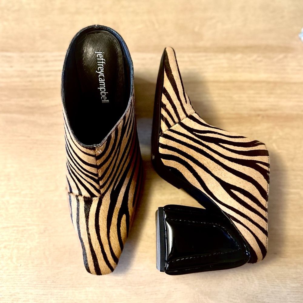 Zebra heeled mule boots
